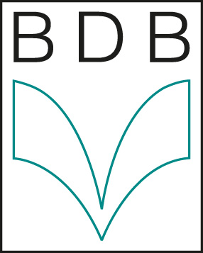 Schwarze Buchstaben BDB über stilisiertem offenen Buch in Türkis auf weißem Grund