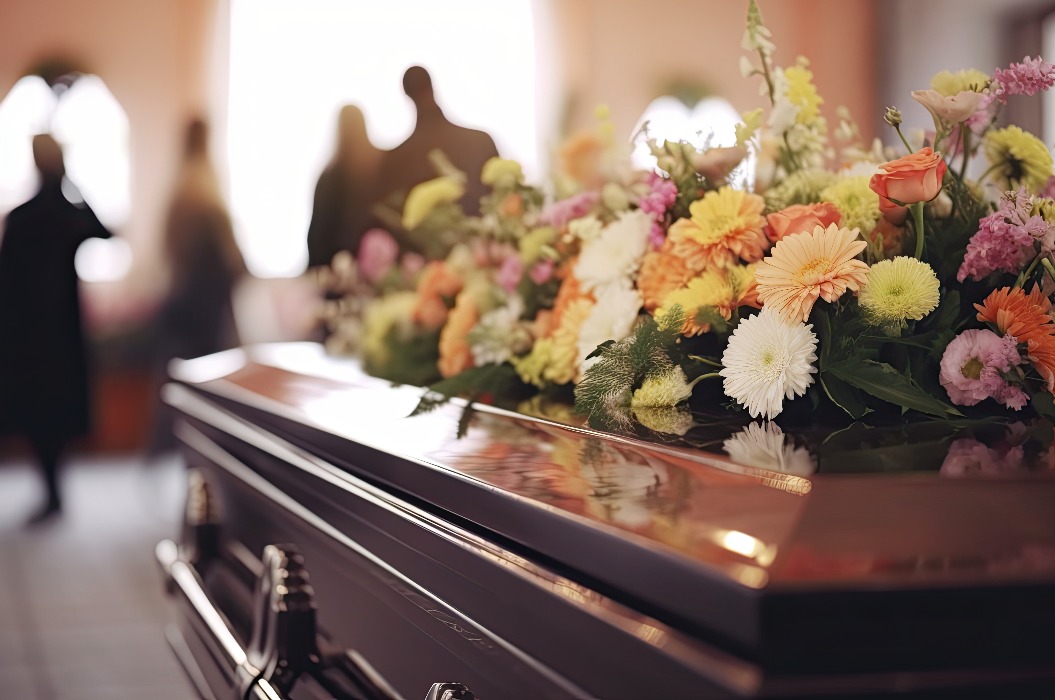 Eine feierliche Beerdigungsszene mit einem schwarzen Sarg, Blumen und Trauernden in einer Kapelle, die Trauer und Gedenken symbolisiert.