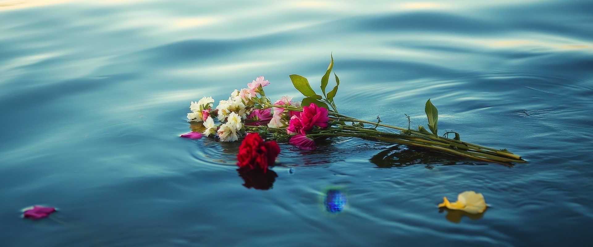 Blumenstrauß auf dem Wasser an einer Seebestattung