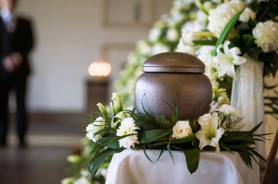 Urne des Verstorbenen mit Blumen bei einer düsteren Gedenkfeier Großaufnahme