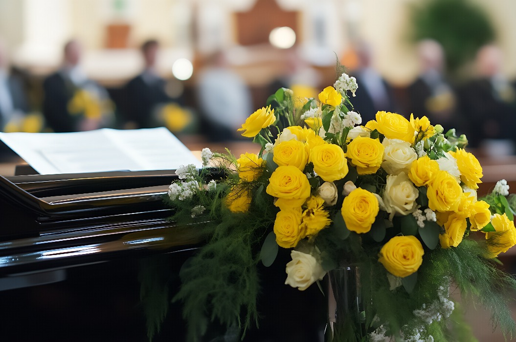 Strauß aus gelben Rosen an einem Klavier