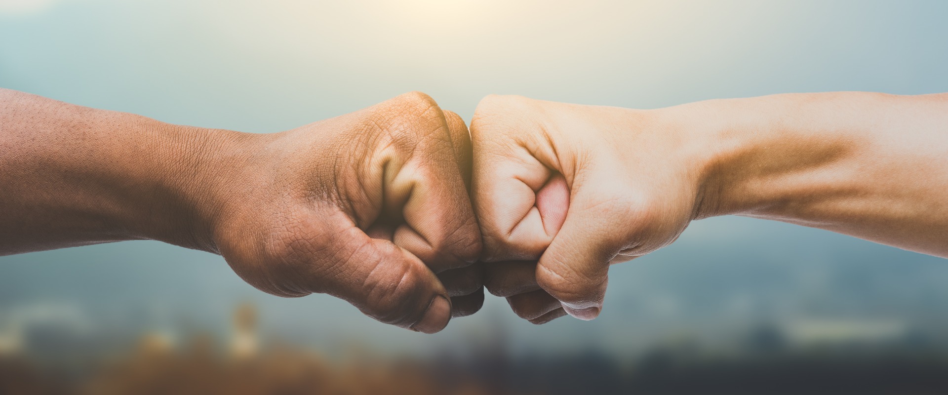 Mann, der vor einem Hintergrund mit aufgehender Sonne und Natur einen Faustschlag ausführt. Die Kraft von t