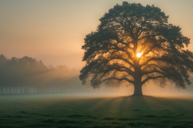 Ein Baum im Morgennebel mit Sonnenstrahlen, der das Konzept von Bestattungen und „grünen Bestattungen“ symbolisiert.
